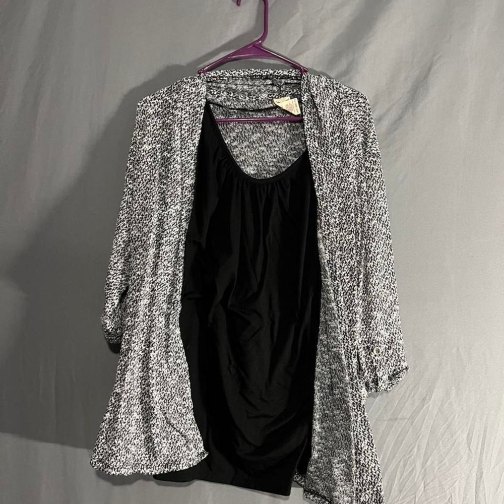 Faded Glory Womens 2X 18W-20W 2-in-1 Cardigan Tank Top Black White Marled‎ Knit
